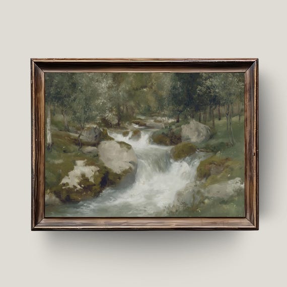 Mountain Stream Waterfall Print Rustic Forest Landscape
