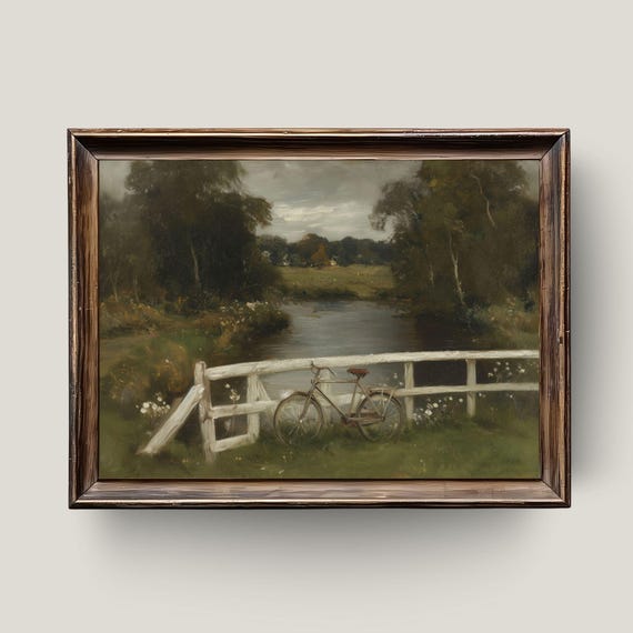 Rustic Bicycle Art Print River Fence Farmhouse Summer Decor