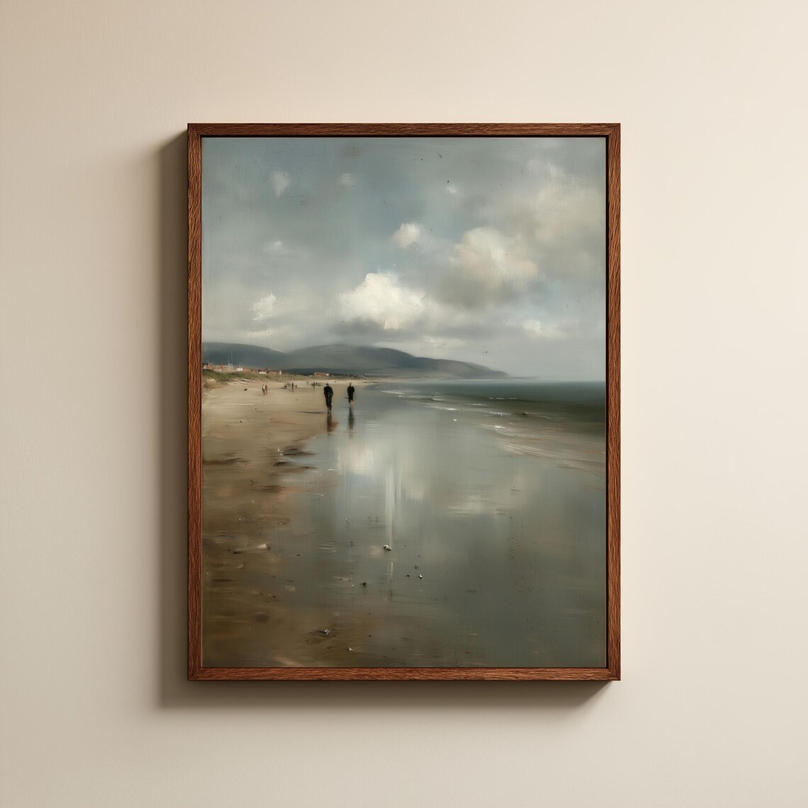 Serene Cloudy Ocean Horizon Neutral Tones Vintage Beach Painting Poster