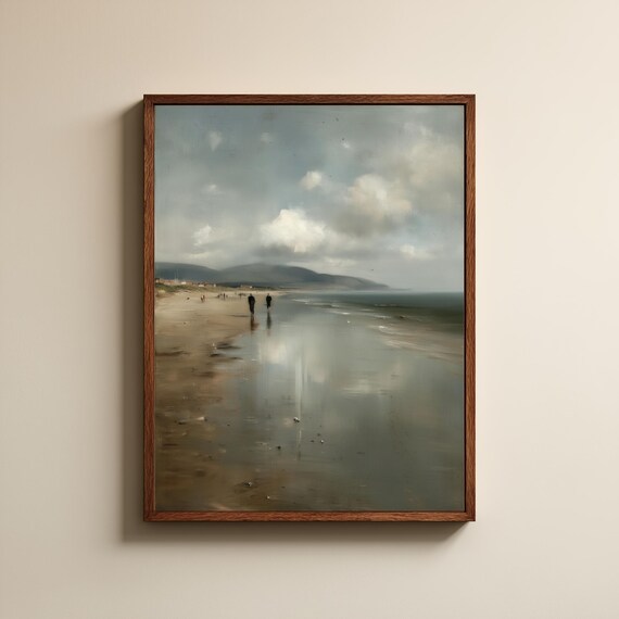 Serene Cloudy Ocean Horizon Neutral Tones Vintage Beach Painting Poster