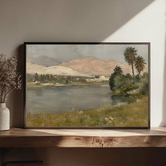Palm Trees River Mountains Tranquil Vintage Landscape Art Poster