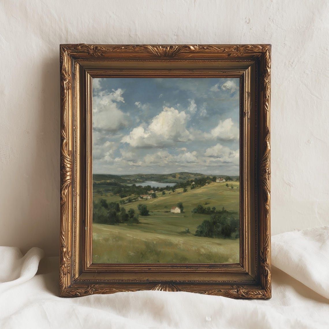Rolling Countryside Hills Poster With Lakeside Cottages And Cloudy Sky