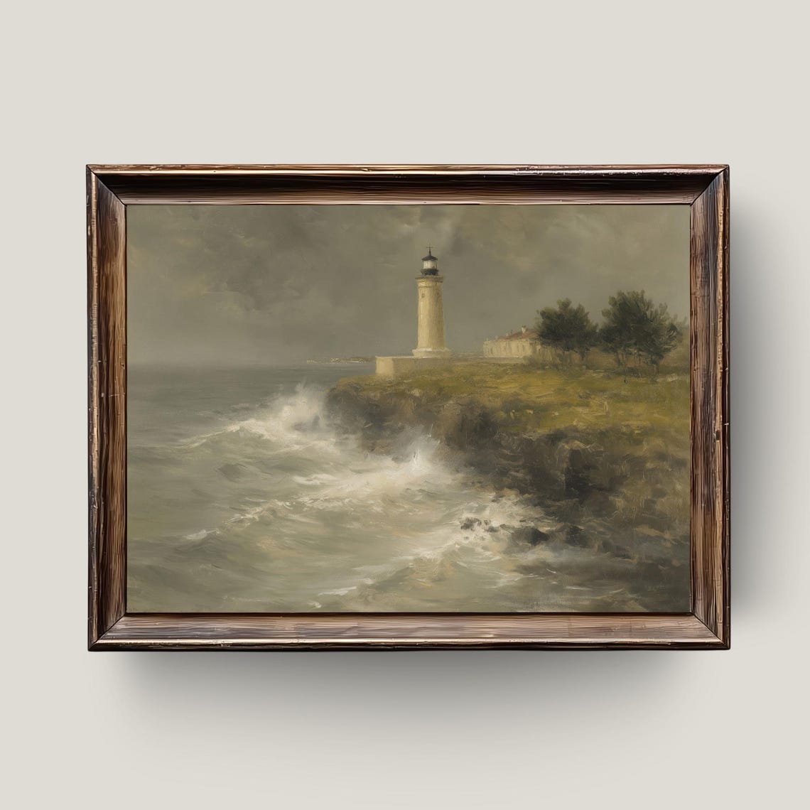 Stormy Sea Lighthouse on Rocky Cliff Dramatic Oil Painting Poster Art