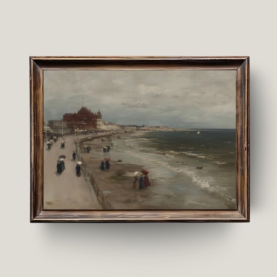 Seaside Promenade Stroll Vintage Coastal Cityscape Painting Ocean Waves Umbrellas Nautical Wall Art