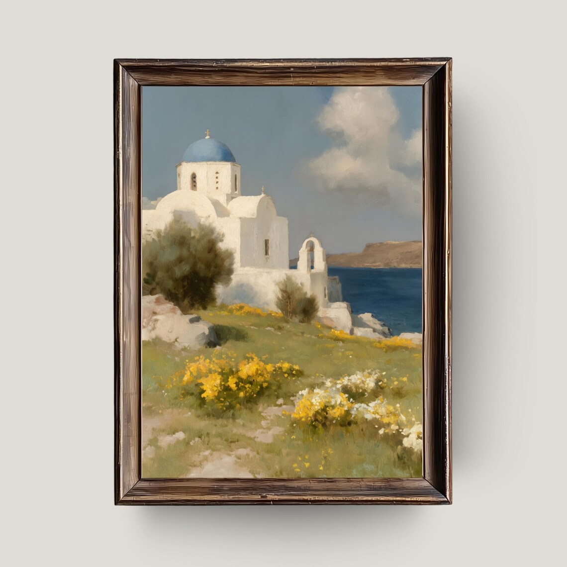 Greek Island Blue Dome Church Coastal Oil Painting Santorini Style Poster