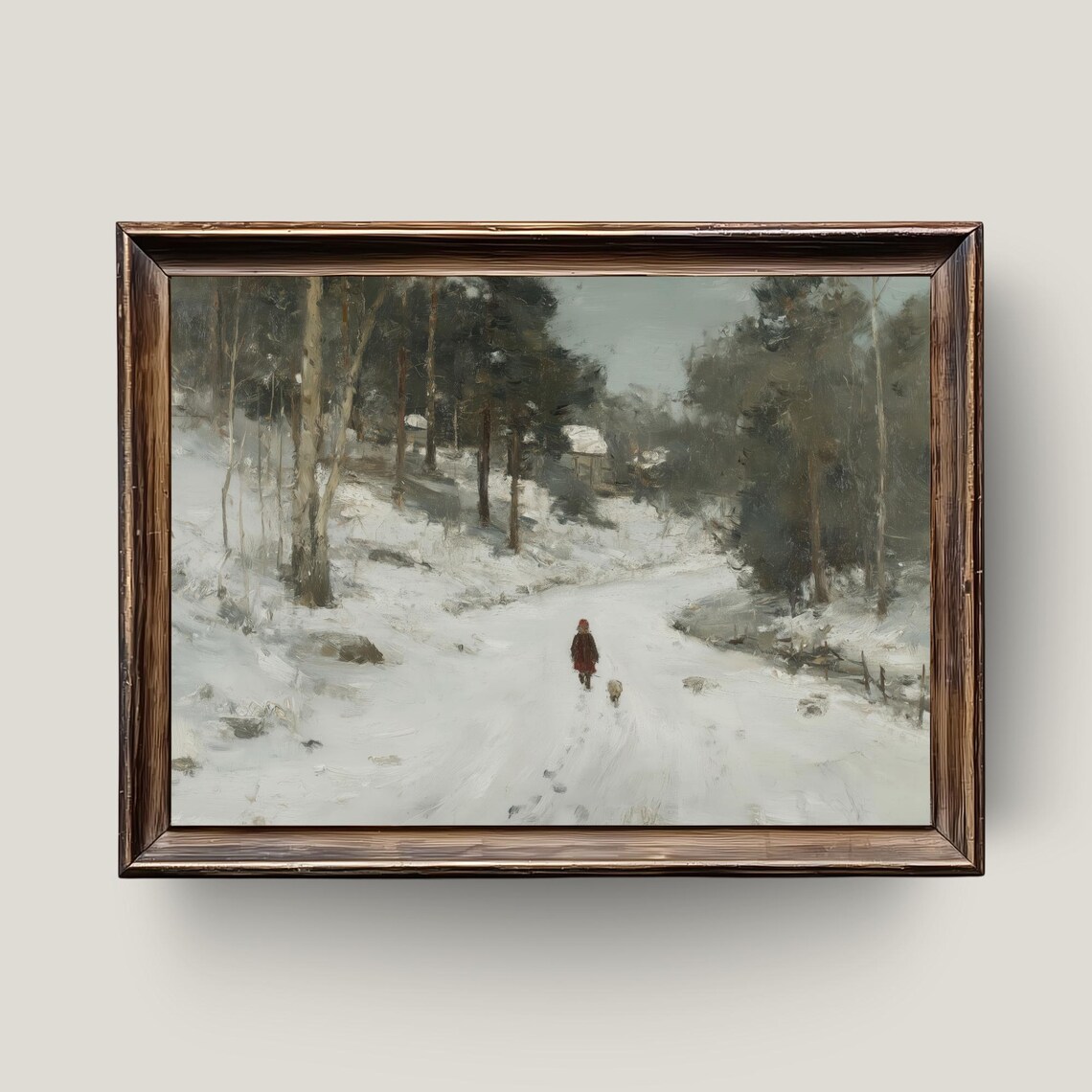 Winter Walk in Snowy Woods Girl and Dog Vintage Painting Print