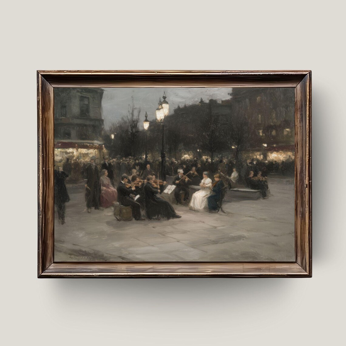 Vintage Evening Street Concert String Players Night Oil Painting Poster