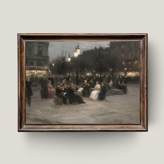 Vintage European City Oil Painting Evening Street Concert