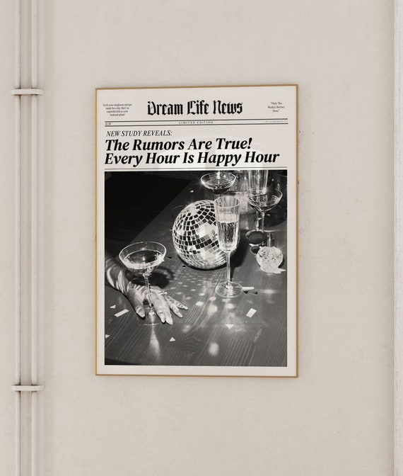 Trendy Prints And Posters Newspaper Wall Art Aesthetic Every Hour Is Happy Hour Vintage Bar Cart Girly Dorm Retro Instant