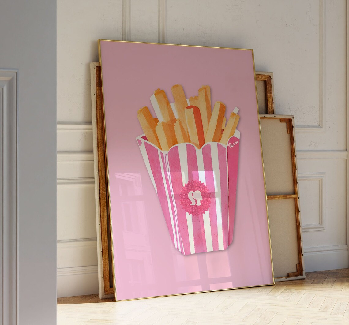 Pink French Fries Watercolor In Striped Carton Cute Kitchen Art Poster - Image 2