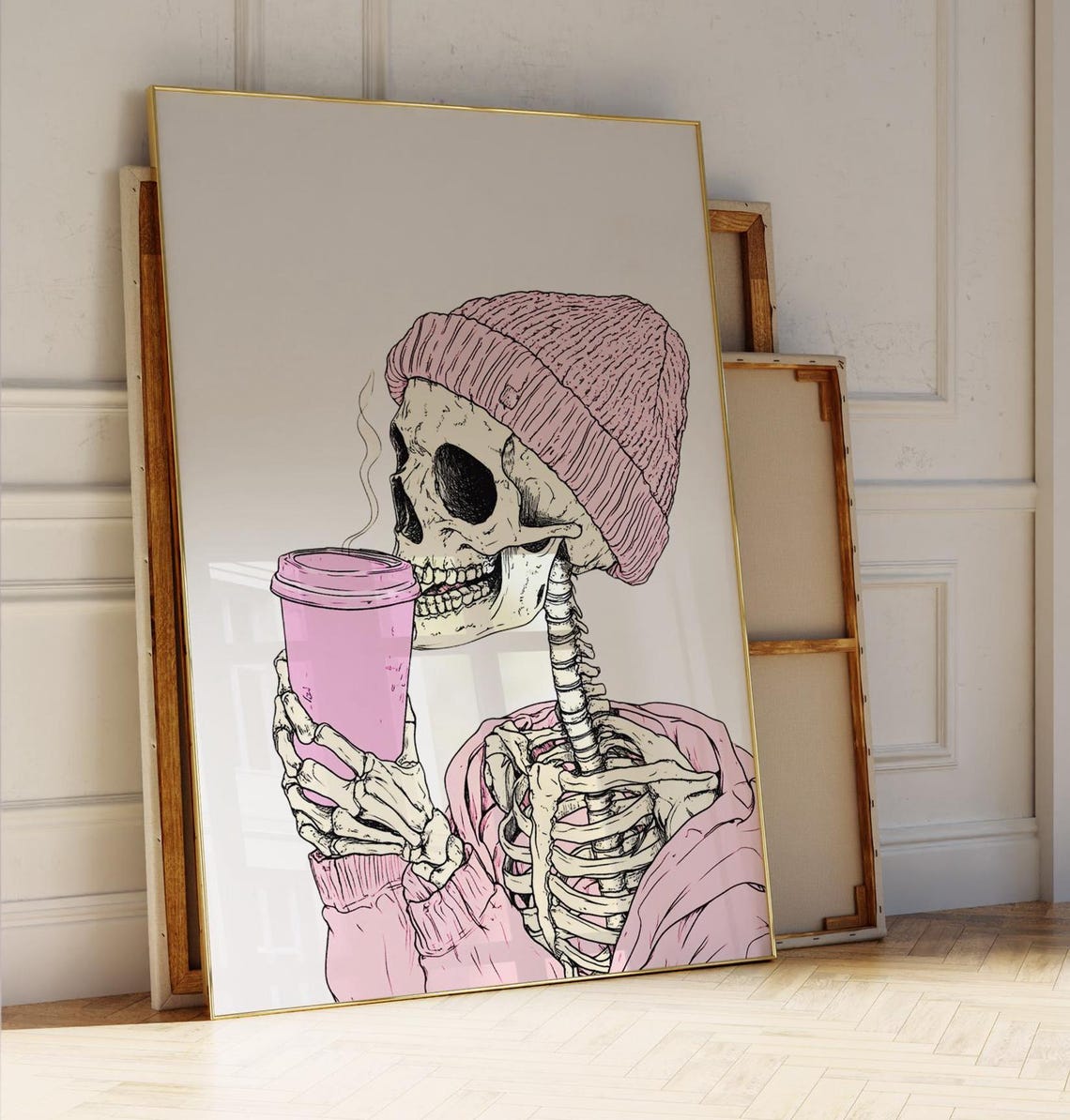 Pink Skeleton Drinking Coffee With Pink Beanie And Hoodie Poster - Image 2