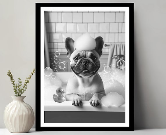 French Bulldog Wall Art Funny Bathroom Decor Pet Portrait Dog Gift In Bubble Bath