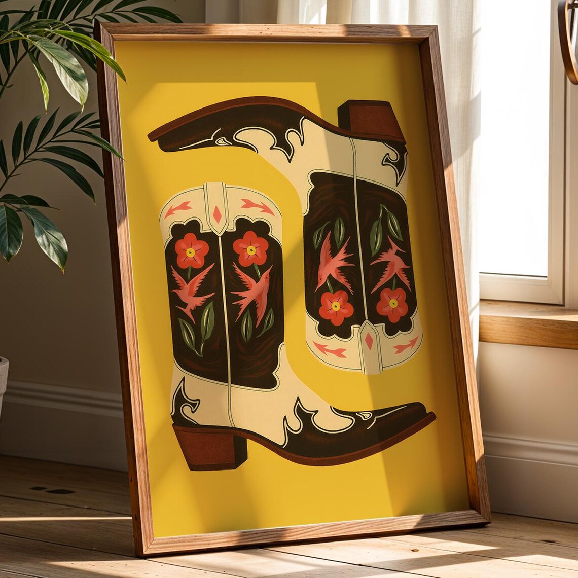 Yellow Cowboy Boots Floral Western Folk Art Wall Decor Poster