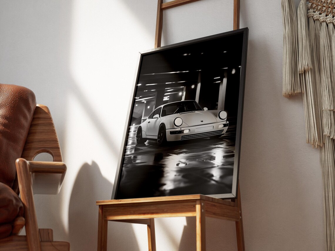 White Porsche 911 Night Garage Black And White Moody Photo Poster - Image 3