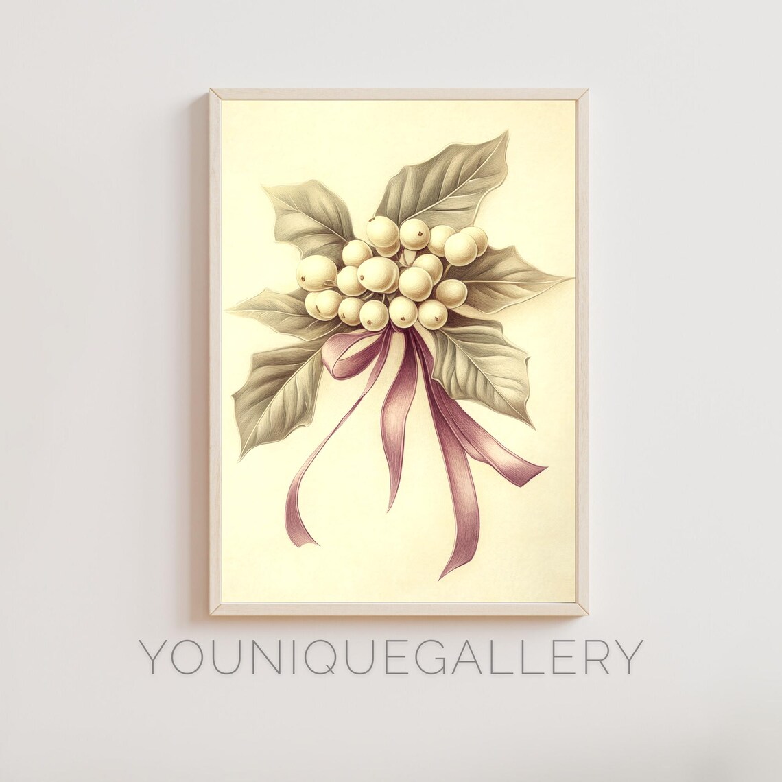 Elegant Christmas Mistletoe Botanical Art With Pink Bow Poster