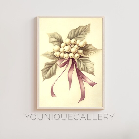 Elegant Christmas Mistletoe Botanical Art With Pink Bow Poster