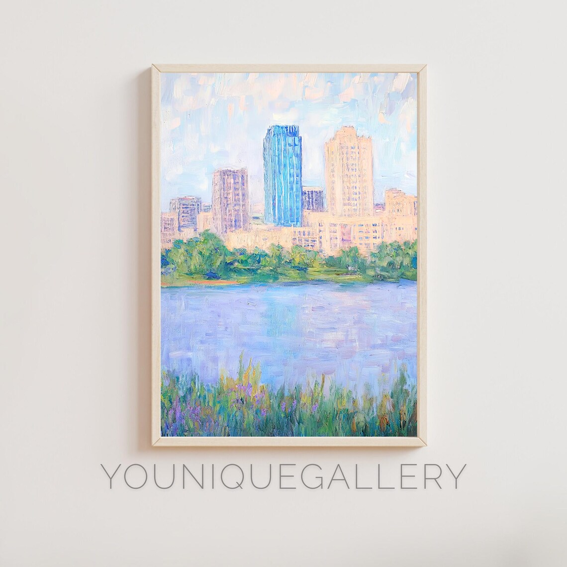 Tulsa Oklahoma Downtown Skyline Lake Wildflower Oil Painting Poster