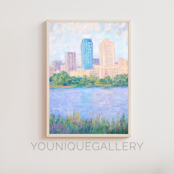 Tulsa Oklahoma Downtown Skyline Lake Wildflower Oil Painting Poster