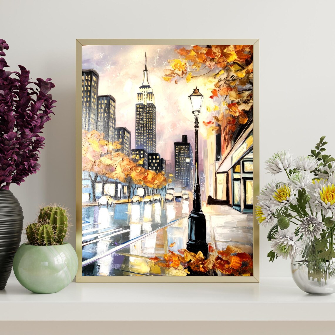 New York City Autumn Empire State Building Rainy Street Painting Poster - Image 4
