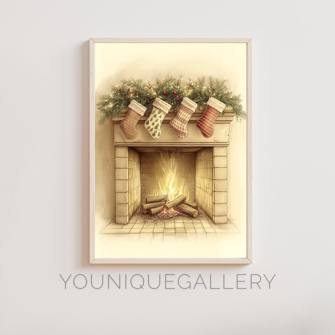 Cozy Christmas Fireplace Four Stockings Mantel Holiday Poster