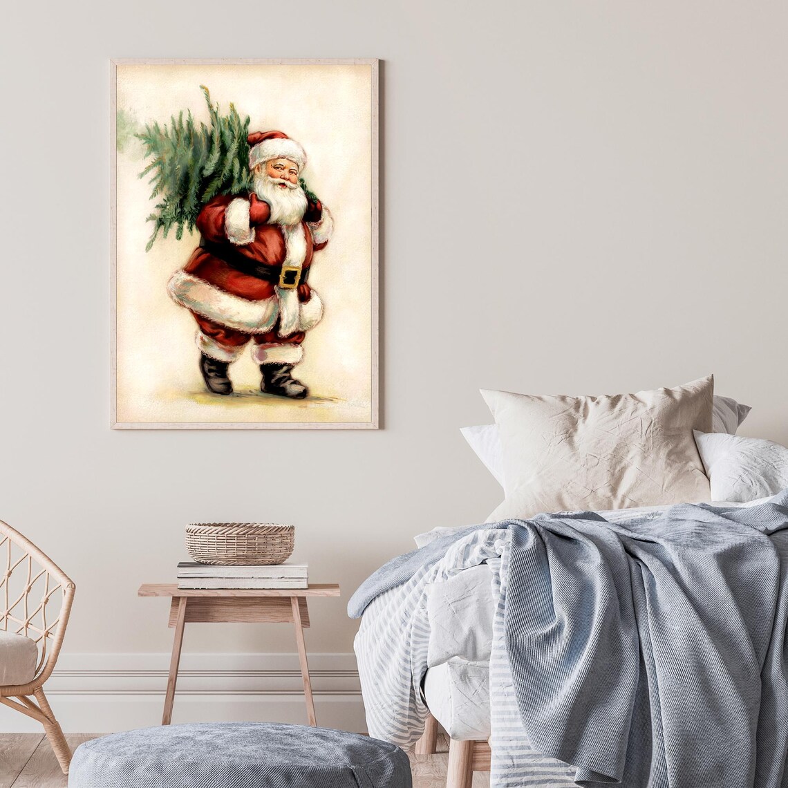 Vintage Santa Claus Carrying Christmas Tree Retro Holiday Poster - Image 3