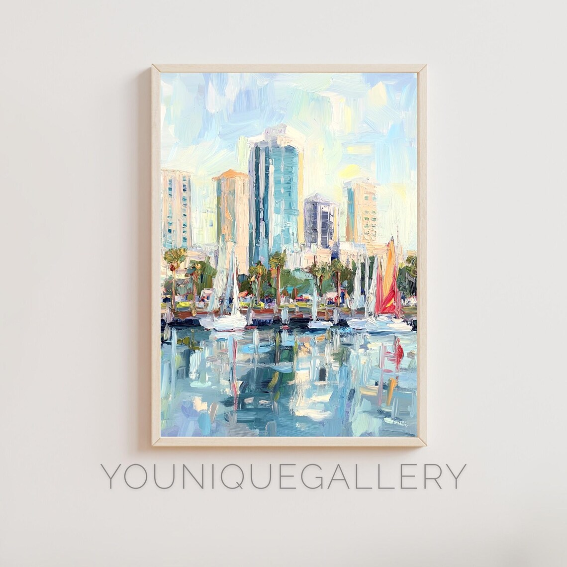 Long Beach California Marina Sailboat Skyline Oil Painting Poster