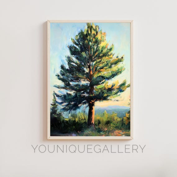 Pine Tree Landscape Wall Art Impressionist Nature Painting Forest Mountain Art Print Cabin Home Decor