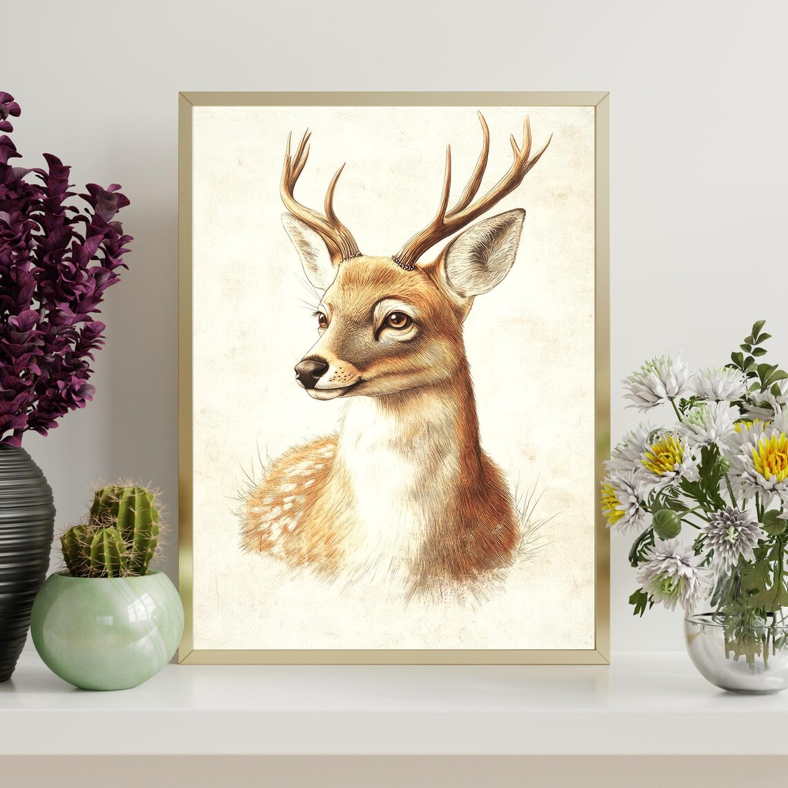 Stag Deer Portrait With Antlers Sepia Sketch Rustic Animal Wall Art - Image 4