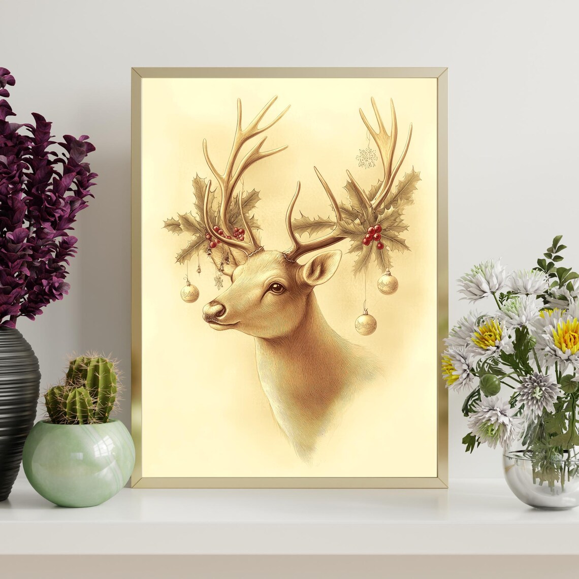 Elegant Reindeer With Ornament Antlers Christmas Artwork Poster - Image 4