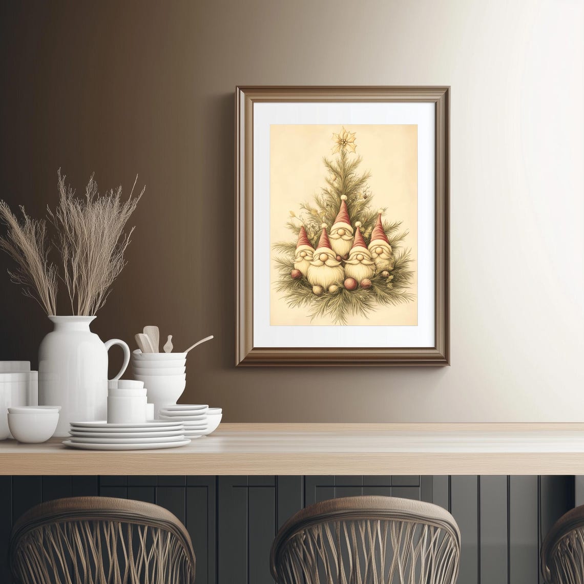 Cute Christmas Gnome Tree Five Vintage Gnomes Holiday Poster - Image 2