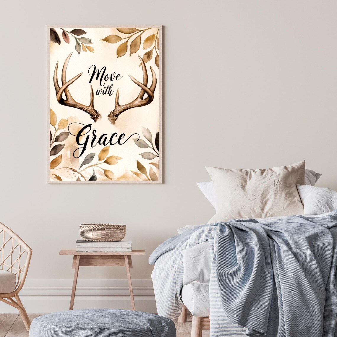 Move With Grace Deer Antlers Autumn Leaves Watercolor Quote Poster - Image 2