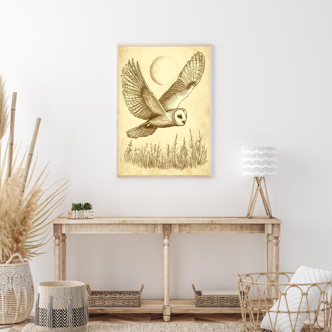 Barn Owl Flying Under Moonlight Sepia Sketch Nocturnal Bird Wall Art - Image 3