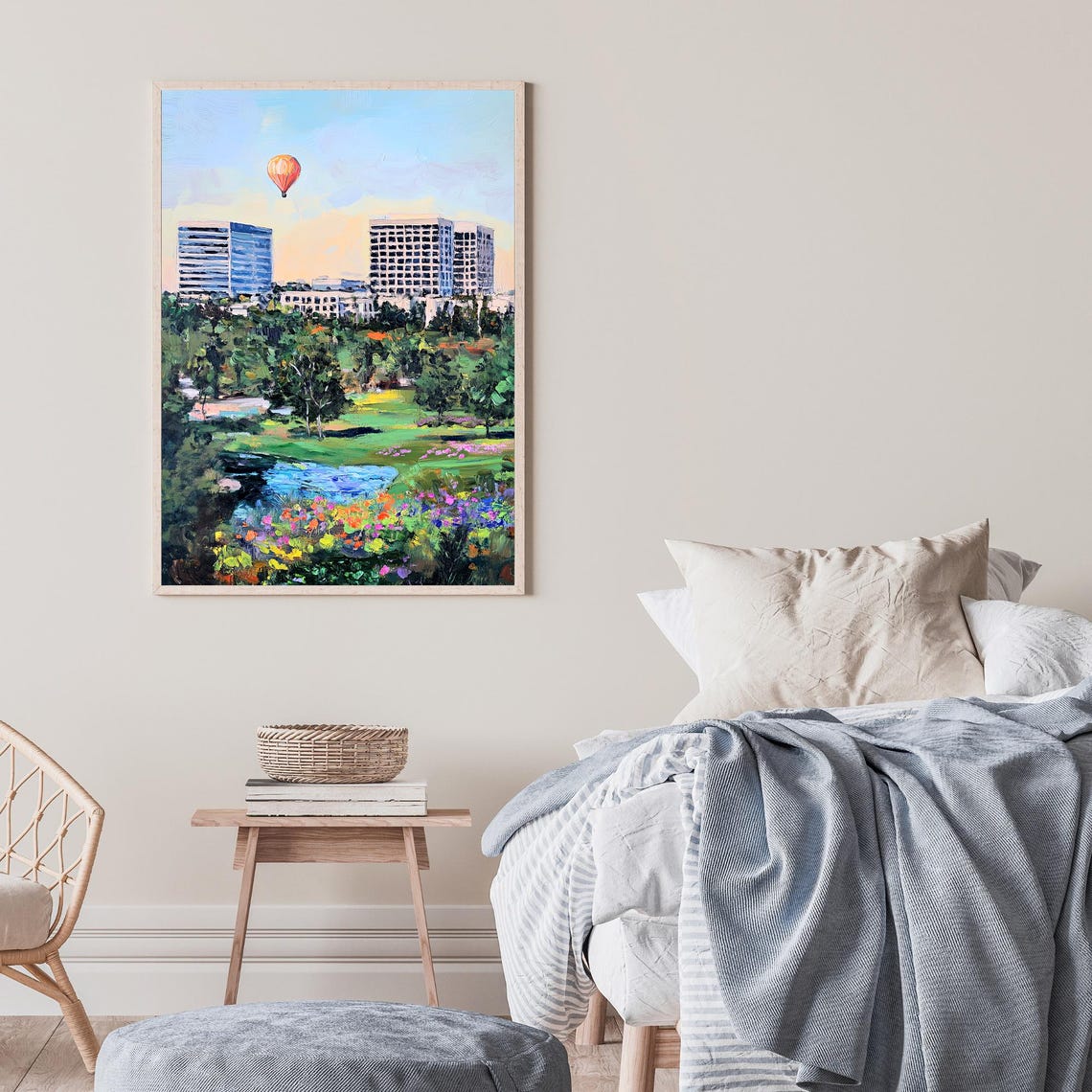 Hot Air Balloon City Park Skyline Whimsical Impressionist Oil Wall Art - Image 2