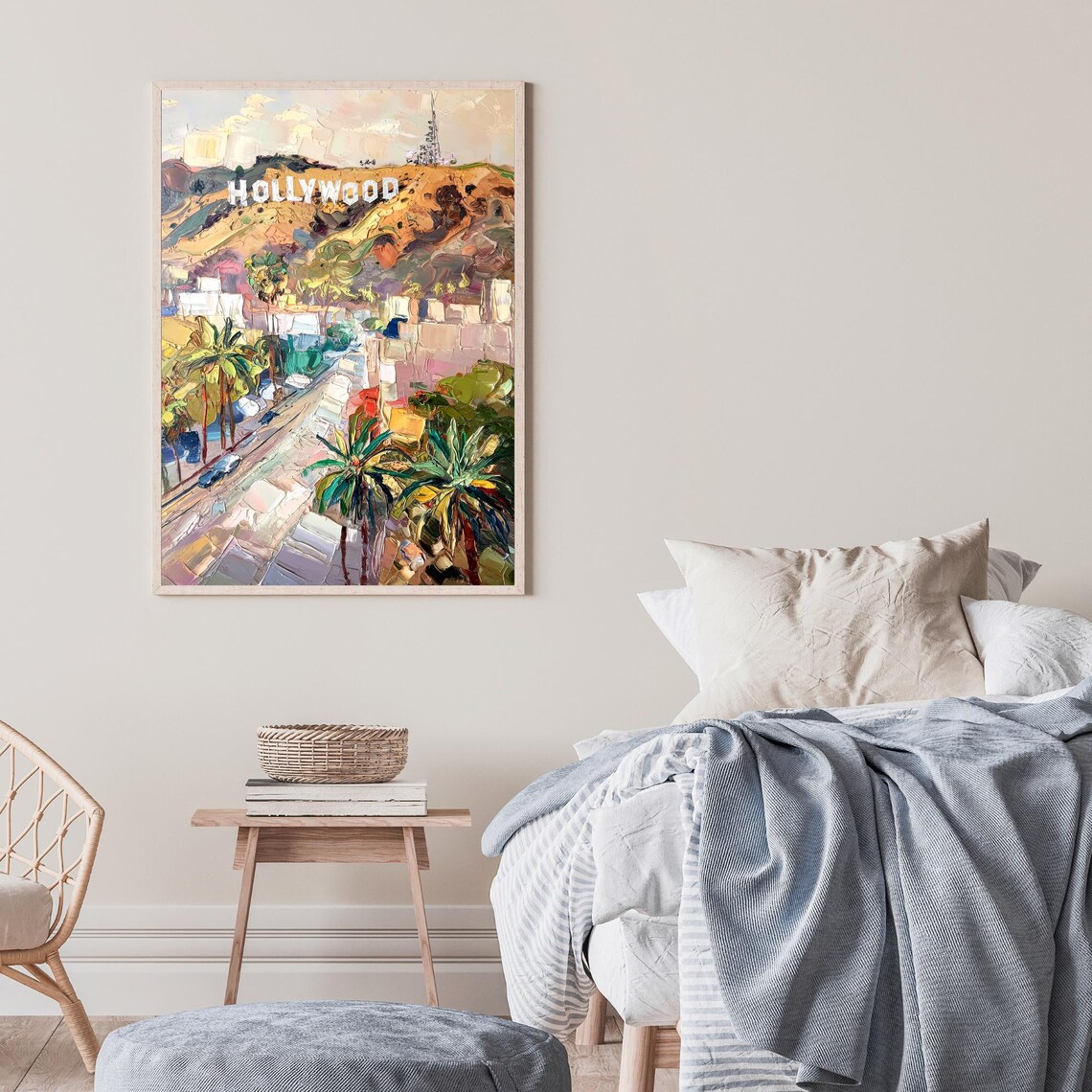 Hollywood Sign Hills Palm Trees Colorful City View Oil Painting Poster - Image 2