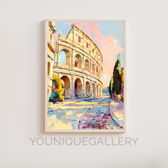 Colosseum Rome Ancient Amphitheater Arches Pastel Sunset Street Painting Poster