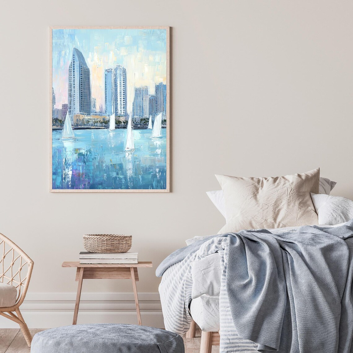 San Diego Bay Sailboats Skyline Blue Water Harbor Oil Painting Poster - Image 2