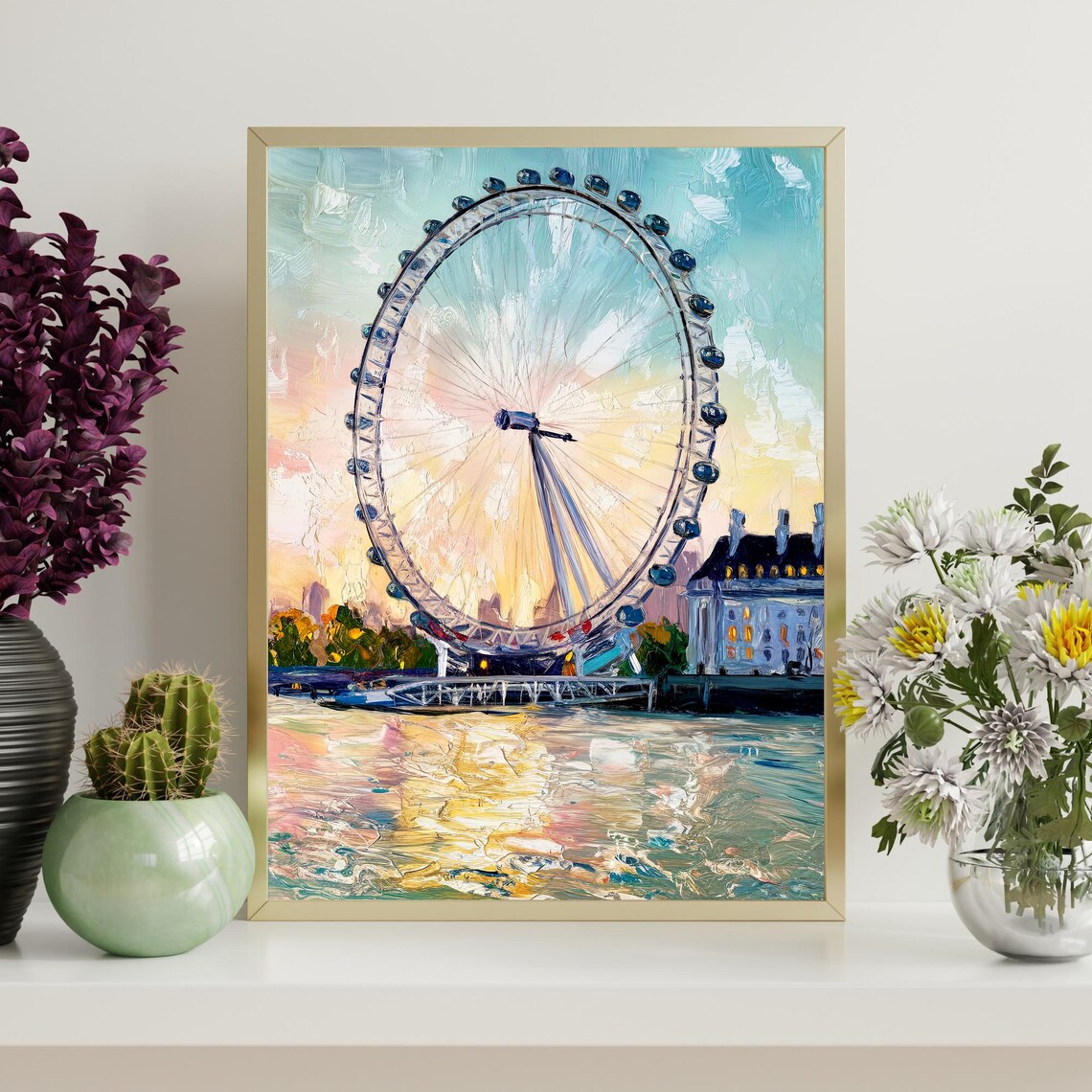 London Eye Sunset Thames River Golden Sky Impasto Oil Art Poster - Image 4