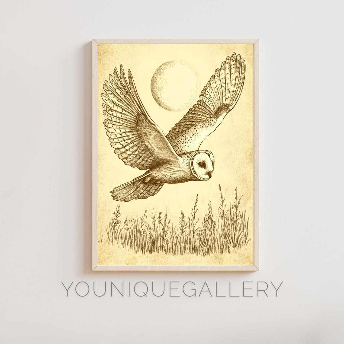 Barn Owl Flying Under Moonlight Sepia Sketch Nocturnal Bird Wall Art
