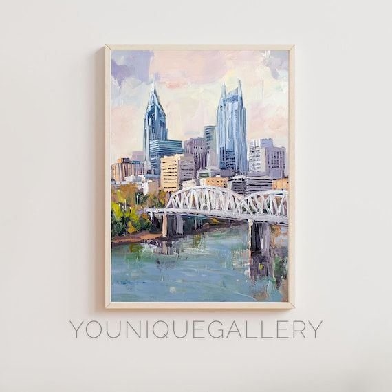 Nashville Tennessee Skyline Bridge River Sunset Oil Painting Poster