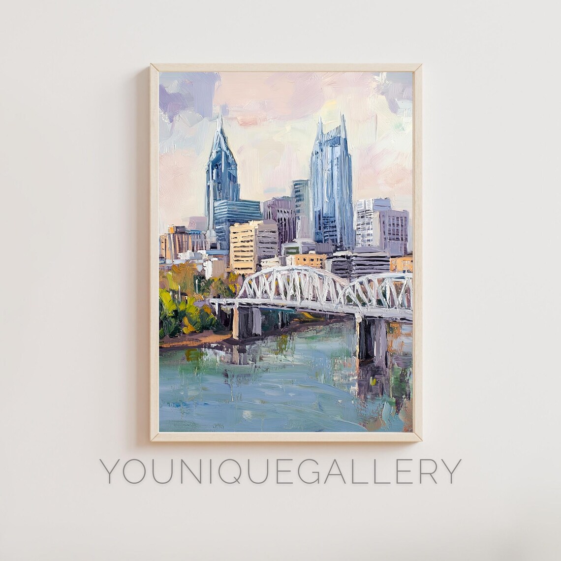 Nashville Tennessee Skyline Bridge River Sunset Oil Painting Poster