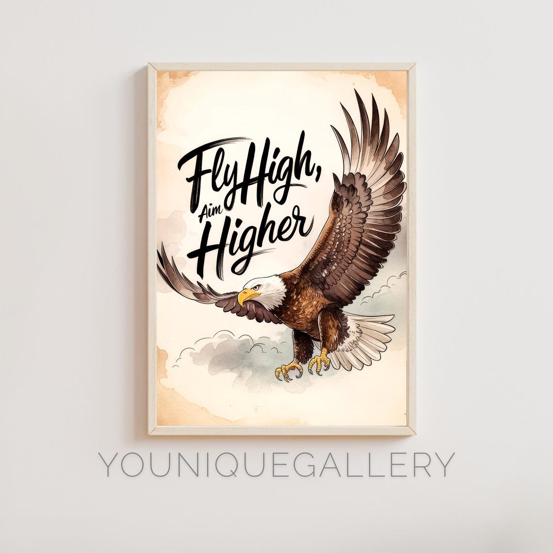 Fly High Aim Higher Bald Eagle Watercolor Motivational Quote Poster