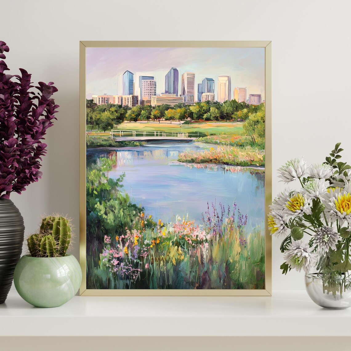 City Lake Wildflower Garden Bridge Skyline Impressionist Oil Wall Art - Image 4