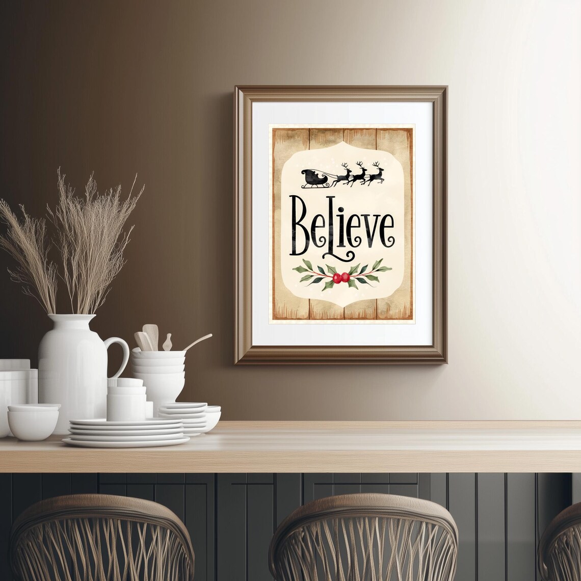 Believe Christmas Sign Santa Sleigh Vintage Holiday Art Poster - Image 2
