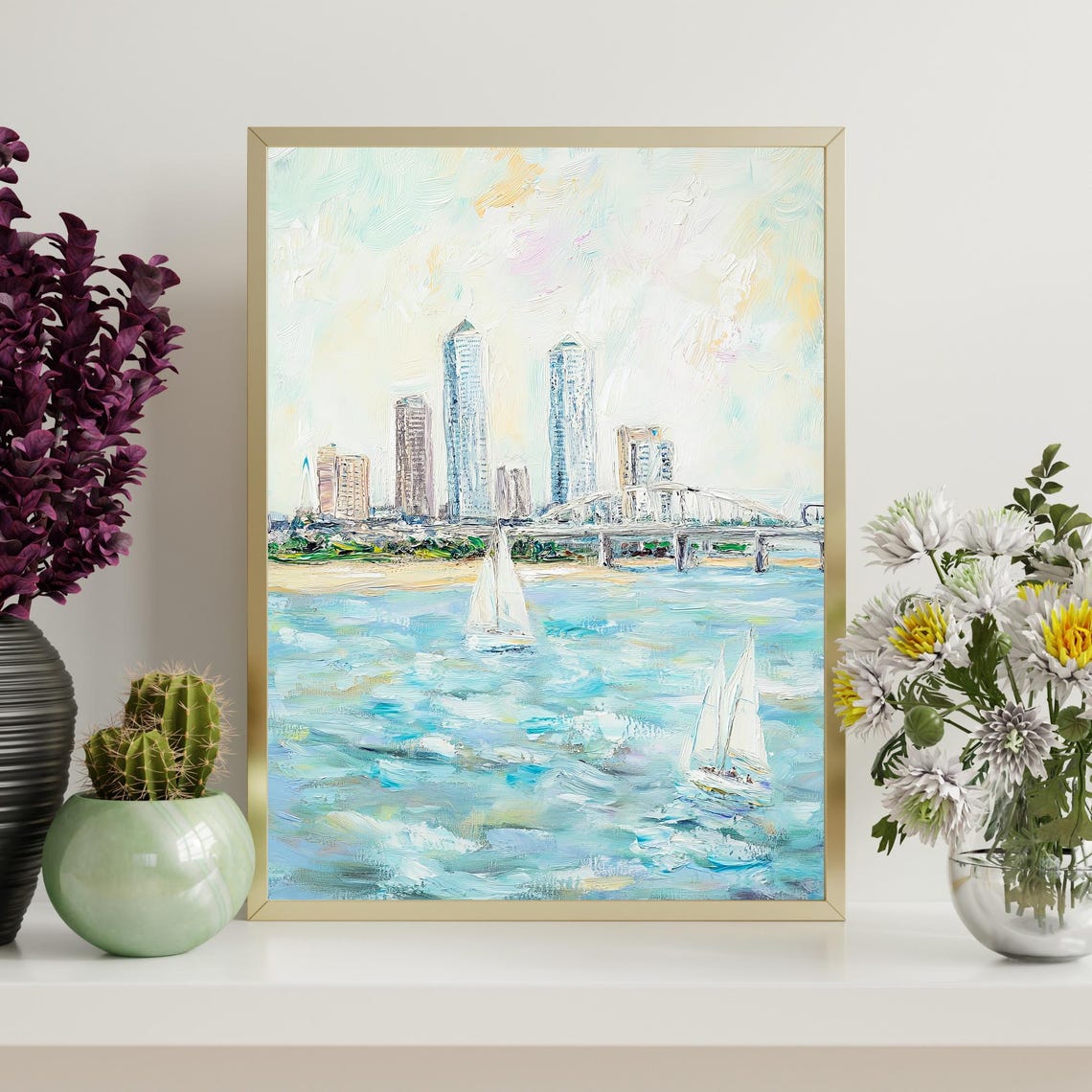 River Skyline Sailboats Impressionist City Waterfront Oil Wall Art - Image 4