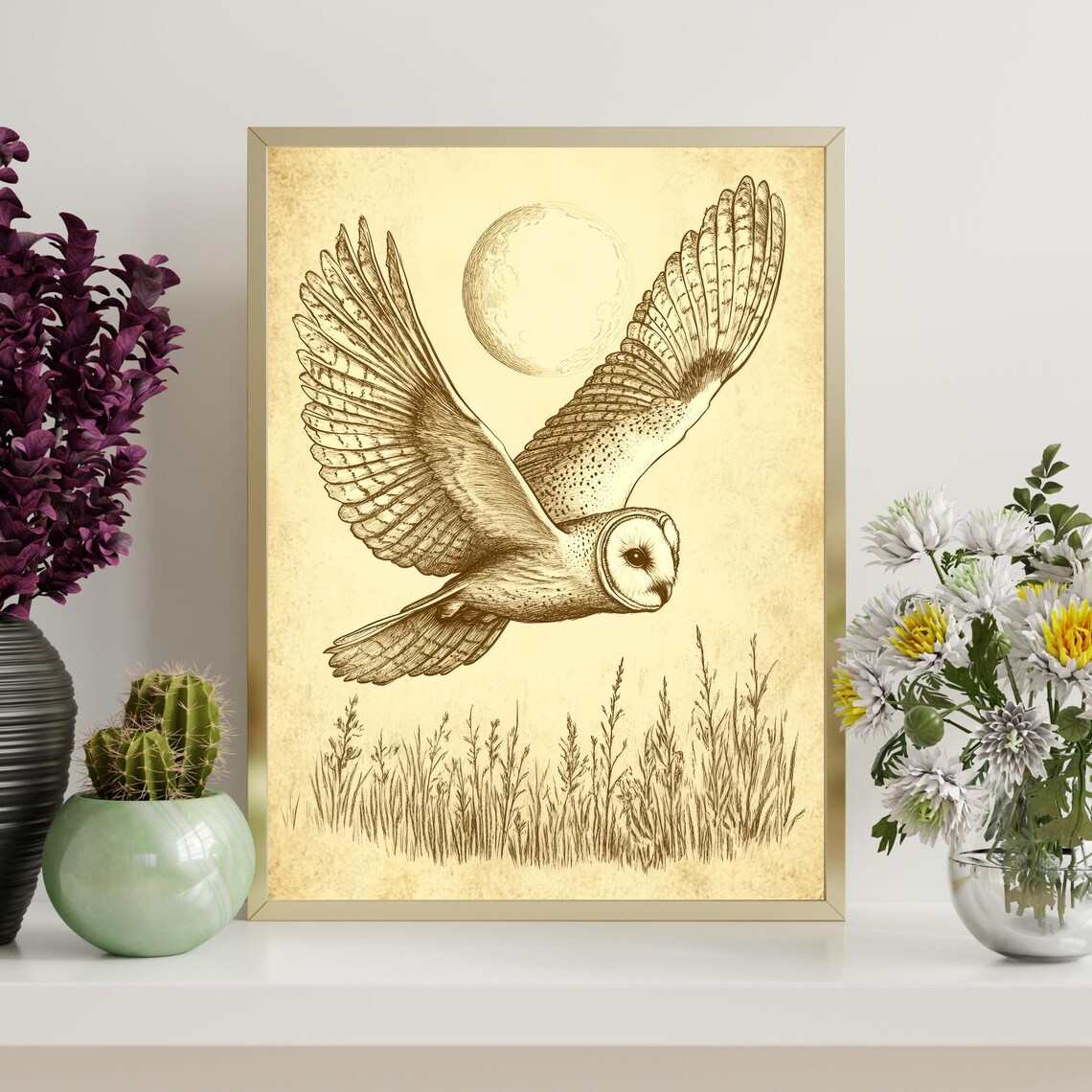 Barn Owl Flying Under Moonlight Sepia Sketch Nocturnal Bird Wall Art - Image 4