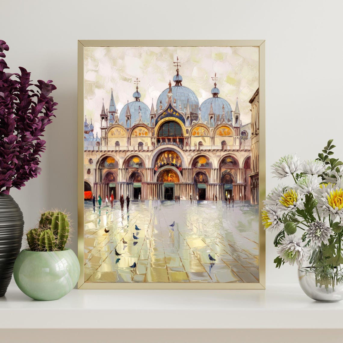 Saint Marks Basilica Venice Pigeons Piazza Golden Hour Oil Art Poster - Image 4