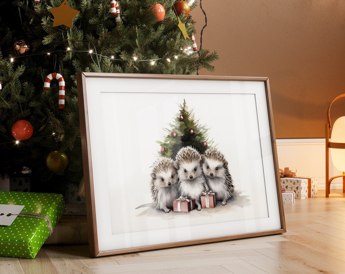Cute Three Christmas Hedgehogs by Tree Watercolor Holiday Poster
