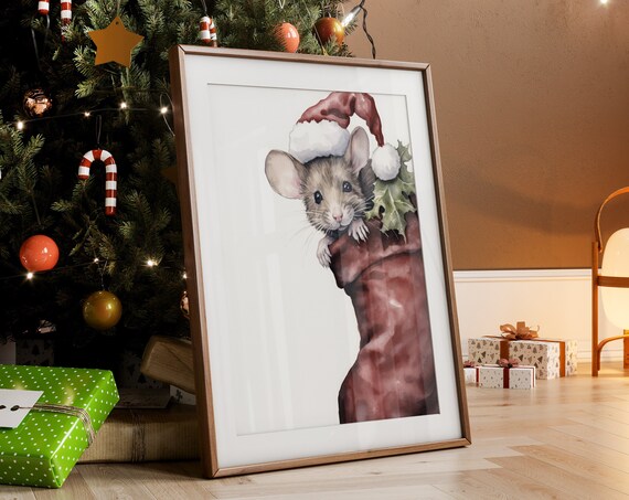 Cute Mouse in Christmas Stocking Santa Hat Watercolor Poster
