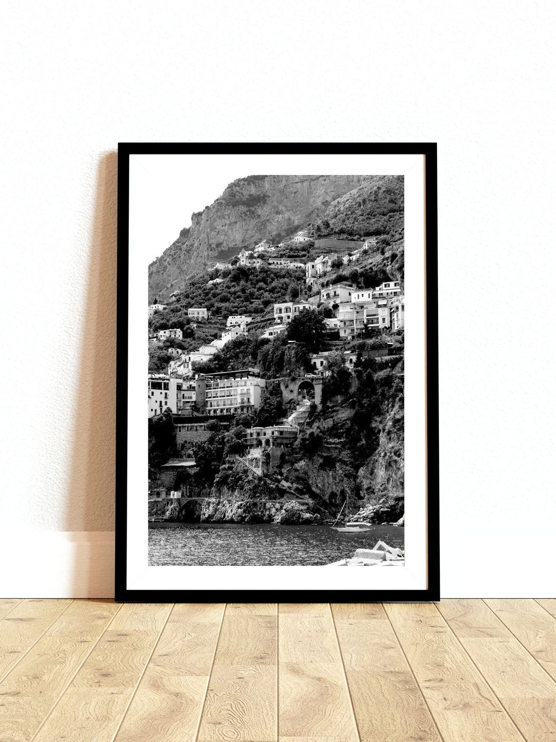 Amalfi Coast Cliffside Village Black And White Italian Photo Print