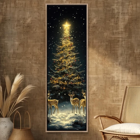 Golden Christmas Tree and Deer Holiday Art Print